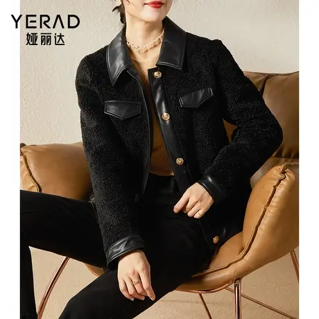 娅丽达小香风外套女2023秋冬新款设计感仿羊毛拼接皮衣小个子外套图片